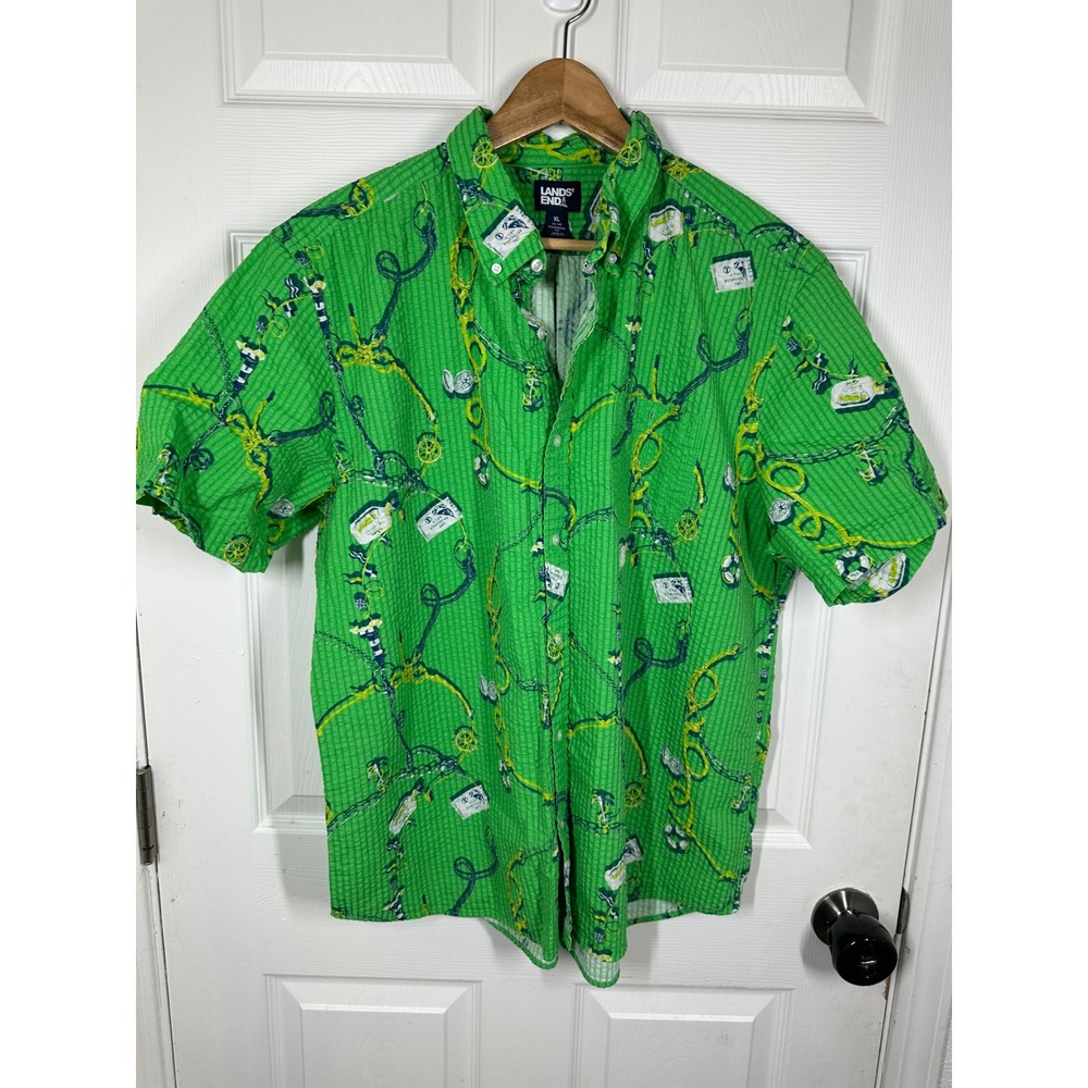 Lands End Button Down Mens XL Green Nautical Rope Seersucker Short Sleeve Shirt‎